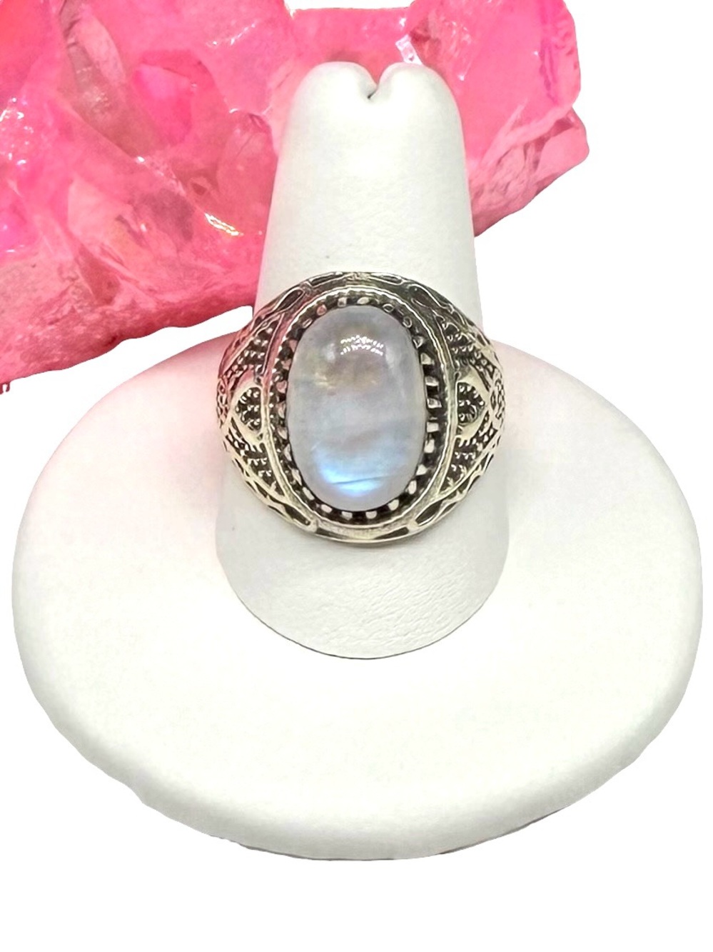 Rainbow Moonstone Ring Size 9.5 Solid 925 Sterling Silver Oval Stone